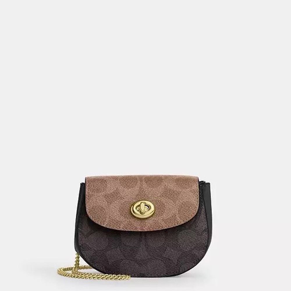 NWT Coach Turnlock Card Case In Blocked Signature Canvas CZ474 Gold/Walnut/Tan - Picture 5 of 5